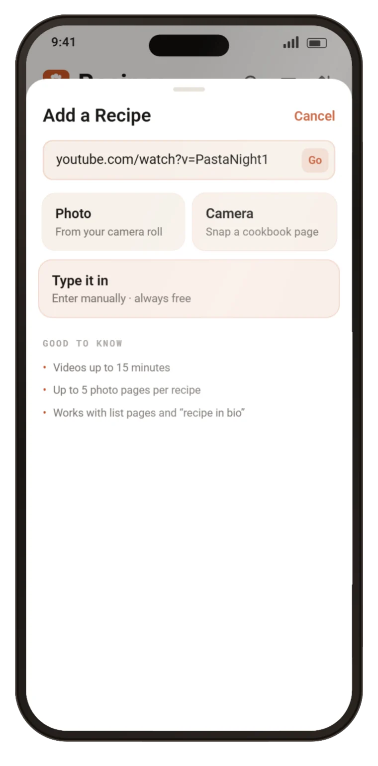 The Add a Recipe sheet: a link pasted in, with Photo, Camera and Type it in below.