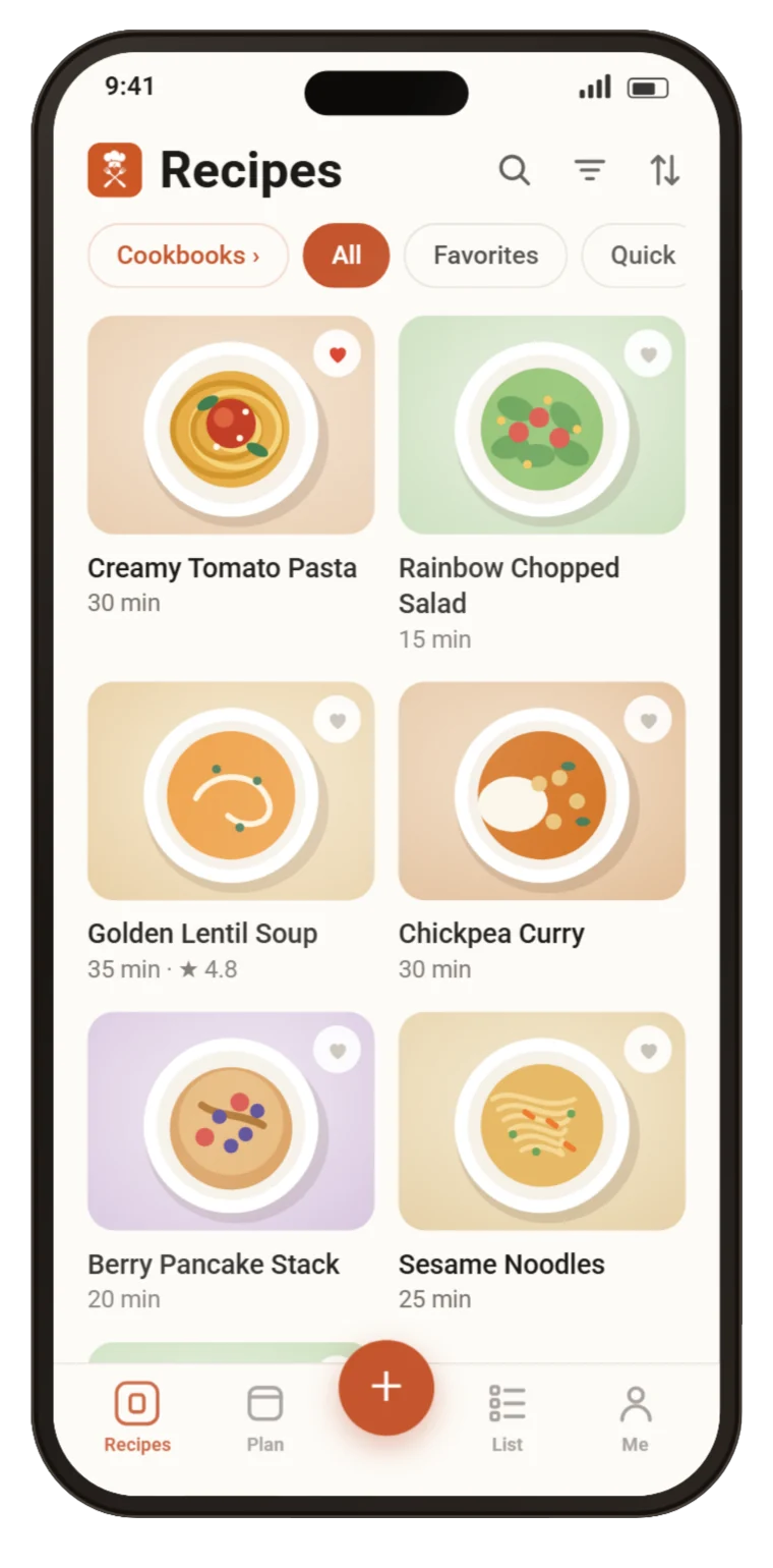 The Recipes tab: a two-column grid of recipes with Cookbooks, All, Favorites and Quick filters.