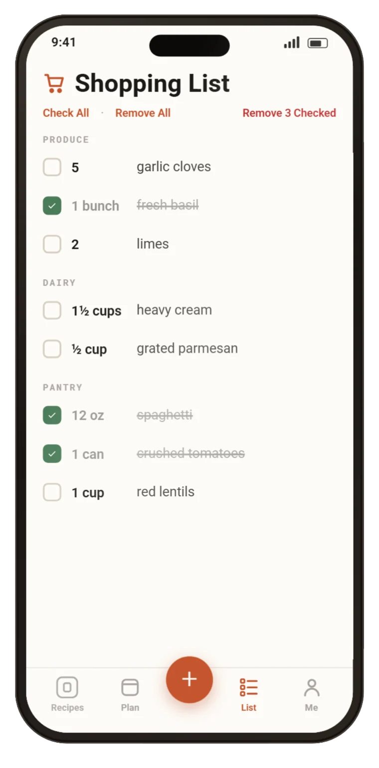 The Shopping List grouped into Produce, Dairy and Pantry, with three items ticked.