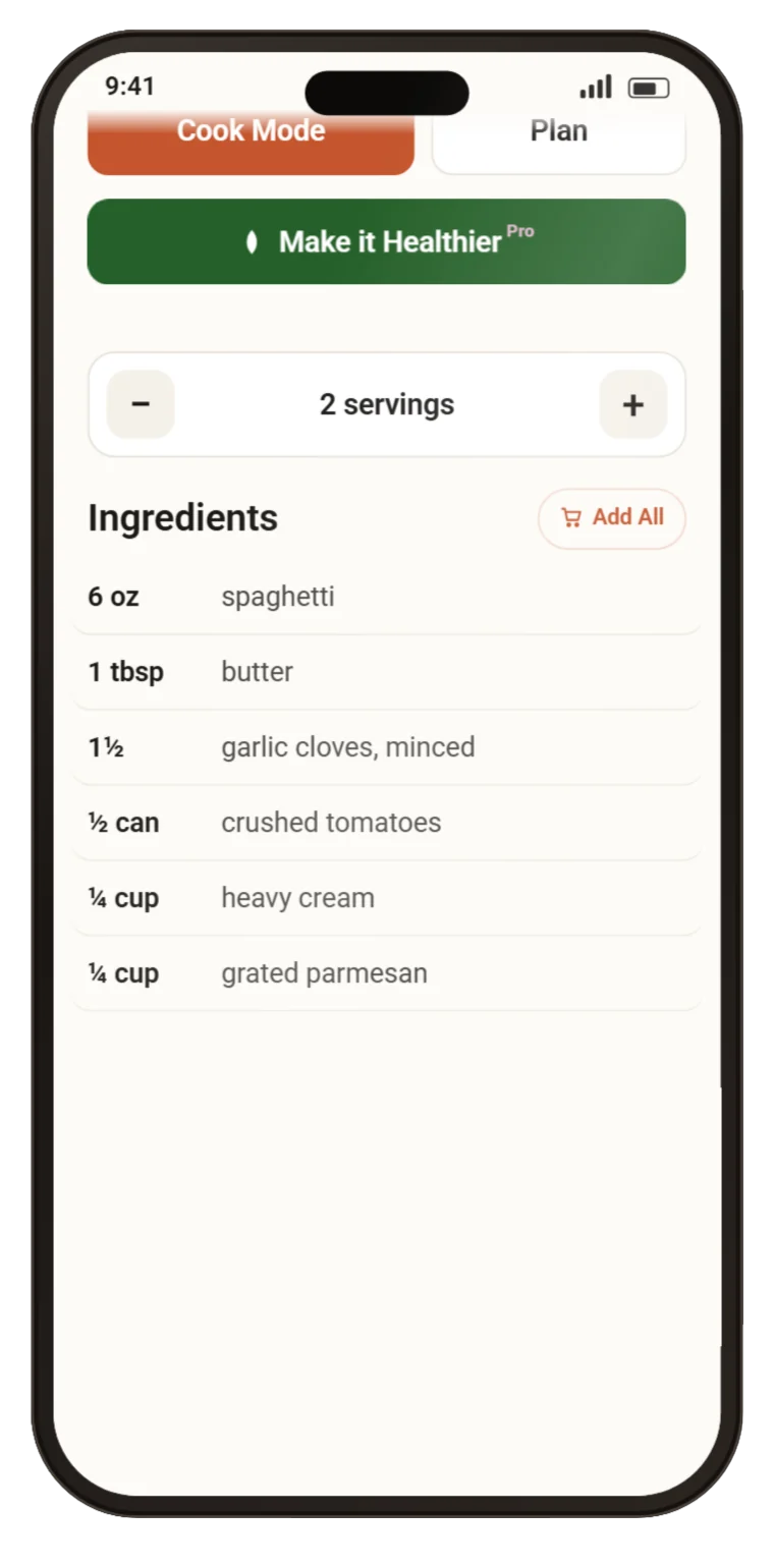 A recipe set to 2 servings, its ingredients halved to 6 oz, 1 tbsp, ½ can and ¼ cup.